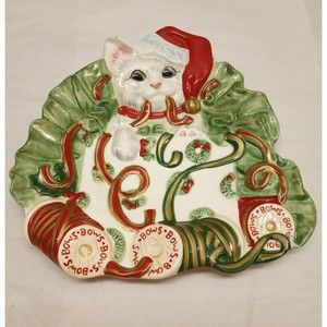 Fitz and Floyd Kitty Kringle Christmas Cat Decorative Plate Holes to Hang
